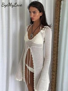 ByeMyLove Knitted Crochet Beach Cover Up Pullover Shirts Top Lace-up Wear Beachwear Female Women Split Hem