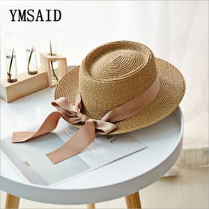 Ymsaid Summer Sun Hat Fashion Girl Straw Hats Ribbon Bow Beach Casual Flat Top Panama Bone Feminino 240318