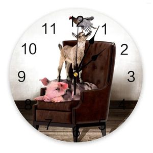 Настенные часы, свинья, корова, курица, сидящие на стуле, круглые часы, современный дизайн, украшение для дома, гостиной, детский кухонный стол