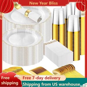 Plates 700 PCS Gold Plastic Cutlery Set Disposable Bulk Clear Rim Guest Supplies Wedding And Birthday Party Tableware