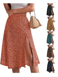 Kjolar sommar blommig tryckt sida split elastic midi för kvinna hög midja polyester mode vintage boho a-line kvinna