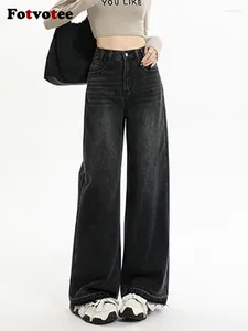 Dżinsy damskie Fotvotee czarna kobieta chłopak vintage ubrania wysoko pasa szerokie nogi spodnie streetwear prosta pełna długość dżins