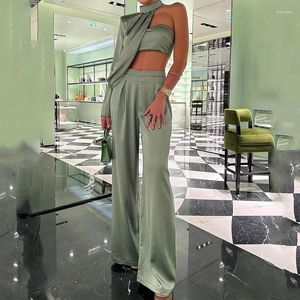 Mulheres de duas peças calças mulheres elegante sólido cetim conjunto primavera halter um ombro colheita top cintura alta roupas verão oco terno de escritório