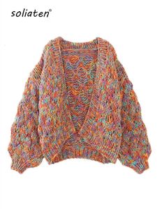 Coarse Wool Knit Cardigan Round Neck Multi-Color Rainbow Sweater For Women Needle Hand Made High Quality C-197 240320