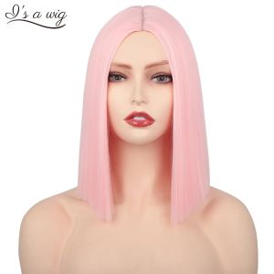 Perucas sintéticas para mulheres peruca rosa feminina curta reta bob peruca parte média amarelo azul roxo loiro branco traje cosplay cabelo