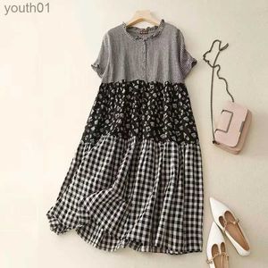 Basic Casual Dresses 2023 Summer New Arts Style Women Short Sleeve Loose O-neck Dress Patchwork Plaid Vintage Cotton Linen P111 yq240402