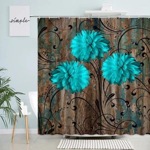 Cortinas de chuveiro retro placa de madeira flor criativa dália floral linha preta planta velha prancha tecido decoração do banheiro conjunto cortina banho