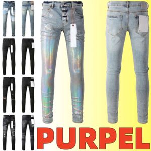 2024 Purple Designer Mens Jeans Men Knee Skinny Size 28-40 Motorcykel Trendy Long Straight Hole High Street Denim JKI668