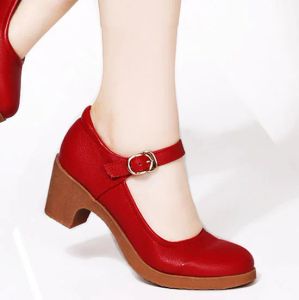 Pumps LIHUAMAO Mary Jane shoes square heel ankle strap round toe high heel pumps female comfortbale soft sole party wedding red shoes