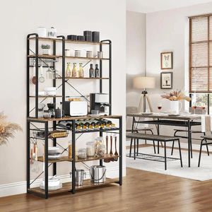 Kitchen Storage 43.5"W Bakers Rack With Pull Out Wire Basket 8 Tiers Microwave Stand Coffee Bar Station W/Wine & Glass Holder