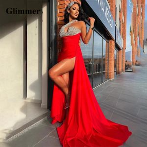 Runway Dresses Glimmer Stylish Beadings Celebrity Mermaid One-Shoulder Satin High Slit Pleat Vestido De Formatura Made To Order