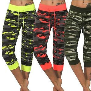 Aktive Hosen Damen Hohe Taille Camouflage Bedruckte Capri-Leggings Damen Elastischer Stretch-Kordelzug Fitness Schlank Yoga Sport Kurz geschnitten