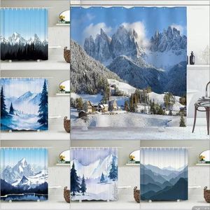 Cortinas de chuveiro inverno floresta neve-coberto pinheiro picos alpinos idílico cenário de manhã cedo sazonal natal alces decoração do banheiro