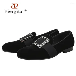 Casual Shoes Piergitar Black And Silver Rhinestones Square Buckles Men Velvet For Wedding Or Party Handmade Slip-On Loafers Plus Size