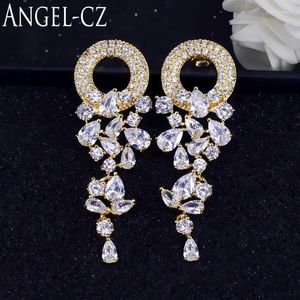 Orecchini pendenti ANGELCZ Da sposa lungo Champagne Color oro Tear Drop Cubic Zirconia Pietra Elegante Donna Party Earing Gioielli AE148