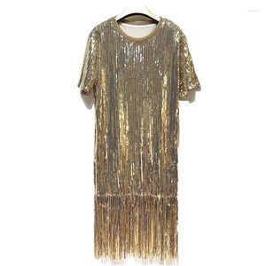 Festklänningar Kvinnors paljettpärlspärr Tassels Hem Flapper Dress Round Neck Right Long Shiny Silver Sexig Evening Vestido