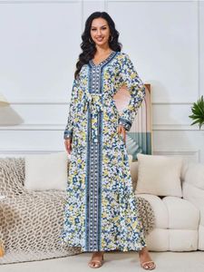 Ethnische Kleidung Eid Dubai Muslim Party Kleid für Frauen Abaya Spitze-up Jalabiya Lange Kleider Drucken Marokko Kaftan Vestidos Largo Ramadan Kleid