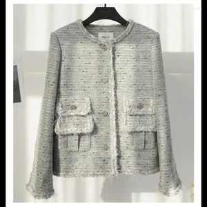 Giacche da donna Cappotto di lana francese con piccola fragranza Femminile di alta qualità Grigio Manica lunga O Collo Casual Chic Moda con frange in pizzo Donna Tweed