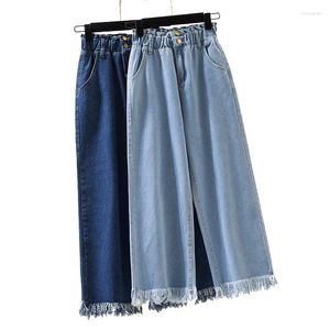 Kvinnors jeans hög midja bredbens Lady 2024 Spring Autumn Casual Pants Women Oversize S-5XL Loose All-Match Burrs Byxor Kvinna