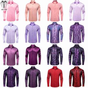 Men's Plus Tees Polos Hi-Tie Salmon Pink Lilac Silk Satin Mens Shirts Lapel Collar Solid Long Sleeve Dress Shirt Soft Blouse for Male Wedding Business yq240401