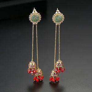 Vintage Indian Zircon Crystal Long Bell Drop Dangle Earrings Tassel Beaded Jhumka Jhumki Gold Color Retro Bridal Wedding Jewelry 240401