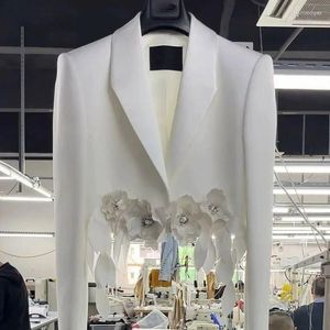 Women's Suits Elegant White 3D Floral Coat High Waist Flowers Tassels Blazers Jacket Spring Autumn Fringed Beaded OL Cardigan Tops 2024