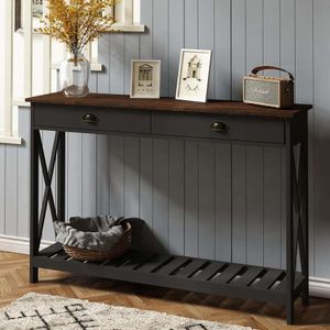 ChooChoo Farmhouse Console Table with Drawer for Entryway - Rustic Vintage Hallway Sofa Table with Stable X Supports and Shelf for Living Room