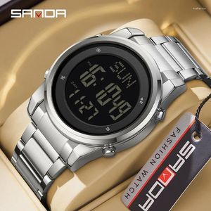 Wristwatches SANDA 6160 Top Luxury Stainless Steel Strap Countdown Sport Watches Men 5bar Waterproof Back Light Digital Wristwatch Male