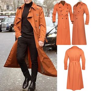 Mens Long Trench Coat Solid Color Long Sleeve Leisure Lapel Button Cardigan Coat Business Cloak Coat S-2XL 240329