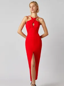 Casual Dresses Black Red Color Women Sexy Halter Off the Shoulder Bodycon Bandage Mid-Calf Dress Elegant Evening Party Celebrate