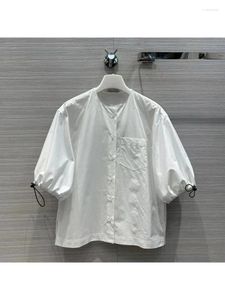 Kvinnors blusar 2024 Leisure Lapel Shirts Button Top Lady White Shorts Seelve Shirt Womens Puff Sleeve Vintage Blue