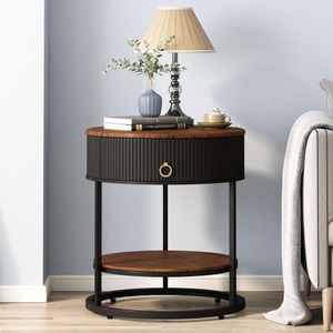 Rustic Brown and Black Modern Wood Grain Side Table with Drawer and Shelf - 2-Tier Nightstand for Living Room Bedroom - OIOG Round End Table