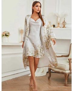 L2qv sexy in pigiama stampare abiti twinset abito da donna satinata chimica notturna kimono abito da cammino set estate sexy loungewear a v-collo abbigliamento 2404101