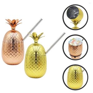 Bicchieri usa e getta Cannucce 2 Set Bicchiere Sippy in vetro rosso con ananas Foglia per feste hawaiane in acciaio inossidabile