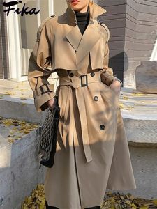Elegant Khaki Long Trench Coats for Women Vintage Double Breasted Black Windbreaker Korean Casual Loose Overcoat Streetwear 240309