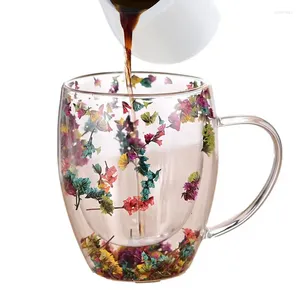 Tassen Doppelwandige Glastasse Echte Blumenmuschel Flash Filler Isolierte Kaffeetasse mit Griff Espresso Milch Kreatives Geschenk Küche
