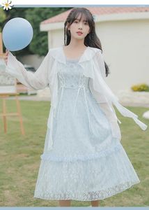 Vestidos casuais docexue francês branco babados chiffon camisa de sol azul renda malha espaguete com vestido kawaii bonito conjunto de duas peças coreano feminino