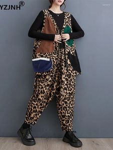 Kadınlar İki Parçalı Pantolon Yzjnh 2024 Sonbahar/Kış Gevşek Fit Retro Moda Kontrast Renk Kolajı Leopar Baskı Yelek Harlan Seti
