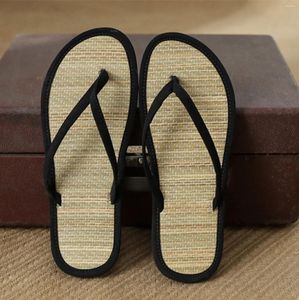 Hausschuhe Mode Damen Strohmatte Riemen Flache Flip-Flops 2024 Sommer Freizeit Rattan Gras Weben Bequemes Zuhause