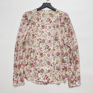 Women's Blouses Woman Fashion Pink Floral Print Viscose Shirt Round Neck Long Sleeved Blouse Tops 2024SS