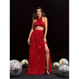 Elegant Two-piece Set, Criss Cross Halter Top & Split Maxi Skirt Outfits, Women's Clothing