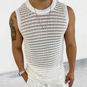 Fashion Knit Tank Tops Men Streetwear Summer Leisure Hollow Out Knitting Camisole Sleeveless Crew Neck Solid Mens Vest Vintage 240321
