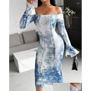 Basic Casual Dresses 2024 Spring Summer For Women Fashion Skinny Mid-Calf Long Sleeve Denim Look Print Off Shoder Bodycon Dress Drop D Dho6Y