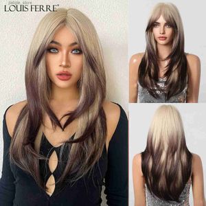 Synthetic Wigs Platinum Blonde to Brown Wig with Bangs Ombre Long Layered Wig Dark Roots for Women Synthetic Heat Resistant Fiber Wig for Daily Y240401