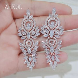 Zakol Luxury Leaf Bridal Earrings for Women Vintage Cubic Zirconia Dangle Shiny Sliver Color Color Wedding Party Jewelry 240401