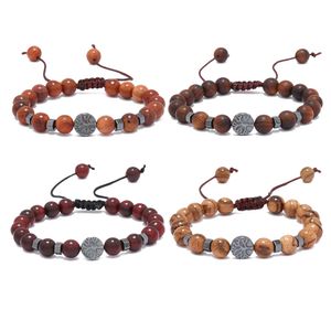 Ethnic 8MM Natural Wooden bead strand Bracelet colorful hematite tree of life charms Braided Rope Bracelets Bangles for Men Hip Hop