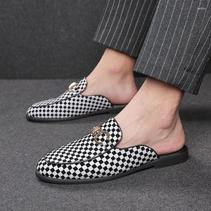 Casual Shoes Mens Slipper Boots Fashion Men Black Leather Half Slippers Sandals Summer Italian Lattice Design Big Size 38-48