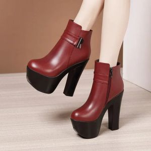 Boots 15cm Small Size 3243 Thick Bottom Leather Shoes Platform Boots 2023 Winter Block High Heels Ankle Boots Women Office Model