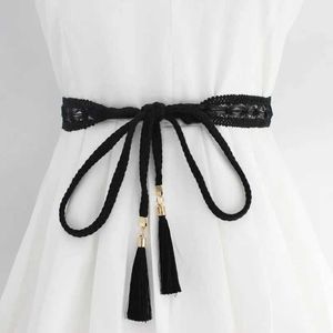 Belts Fashionable womens solid color woven tassel belt 2020 new Bohemian girl thin waist rope knitted belt dress belt accessories Q240401