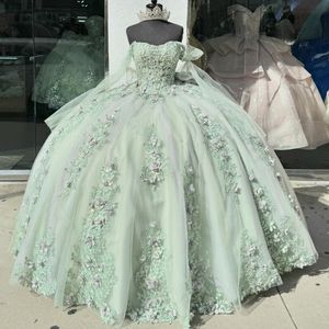 Light Green Glittering Princess Quinceanera Dresses With Bow Vestidos De 15 Anos 3D Flower Lace Tull Birthday Party Ball Gown